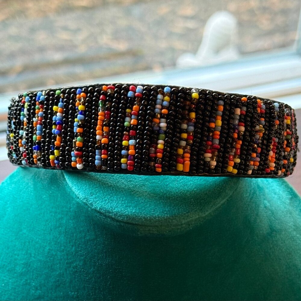African Beaded Leather Headband Rainbow and Black NWOT - Picture 2 of 3